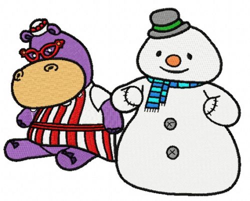 Hallie Hippo and snowman machine embroidery design