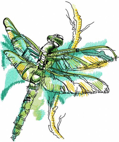 Dragonfly on bush branch machine embroidery design